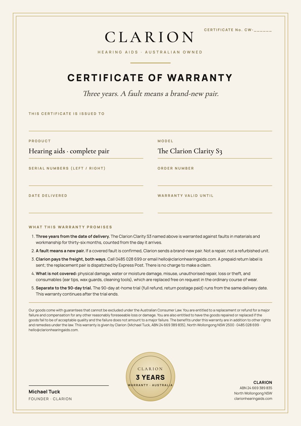 Clarion Certificate of Warranty: three years, a fault means a brand-new complete set, signed by Michael Tuck